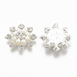 合金フラットバックカボション  ラインストーンとABS樹脂の模造パール付き  花  クリスタル  銀色のメッキ  23x23x6mm&nbsp;RB-S048-28S