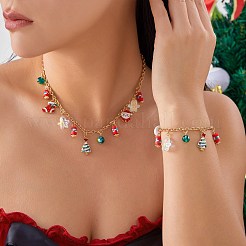 クリスマス合金、ガラス、プラスチック、ポリマー粘土ペンダントネックレスとチャームブレスレットセット  ゴールドカラー  クリスマスツリー  クリスマスツリー  ネックレス：14.96インチ（38cm）&nbsp;FS-WG7A63D-01