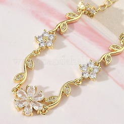 女性用真鍮マイクロパヴェキュービックジルコニアリンクチェーンブレスレット  花  長持ちメッキ  ラックめっき  カドミウムフリー＆鉛フリー  18KGP本金メッキ  透明  5.51インチ（14cm）&nbsp;BJEW-C156-04D-02G