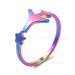 イオンプレーティング（IP）304ステンレススチール製スター＆飛行機オープンカフリング（女性用）  虹色  usサイズ6（16.5mm）&nbsp;RJEW-M149-12RC