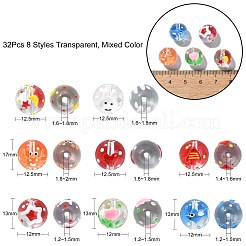 32 個 8 スタイル透明手作りランプワークビーズ  手描きのビーズ  ラウンド  ミックスカラー  12~17x11~16x15mm  穴：1.8mm  4個/スタイル&nbsp;LAMP-CJ0001-79