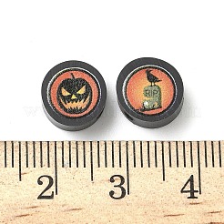 ハロウィーンプリントの手作りポリマー粘土ビーズ  フラットラウンド  9~10x4.5~5mm  穴：1.6mm&nbsp;CLAY-I016-05C