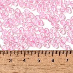 透明な色のガラスシードビーズ  ロンデル  パールピンク  6/0  4x3mm  穴：1.4mm  約5700個/ポンド&nbsp;SEED-P007-02A-08