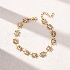 304ステンレススチールパヴェガラスリンクチェーンブレスレット（女性用）  イオンプレーティング（ip）  ゴールドカラー  混合図形  6.50~6.81インチ（16.5~17.3cm）&nbsp;BJEW-G780-04G