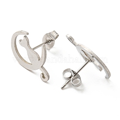 変色しにくい304ステンレススチール製スタッドピアス（女性用）  猫とムーン  ステンレス鋼色  17.5x13mm&nbsp;EJEW-F320-03P