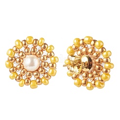 シェルパール＆グラスシード フラワースタッドピアス  女性用ゴールデン 304 ステンレス ワイヤー ラップ ジュエリー  きいろ  19mm  ピン：0.7mm&nbsp;EJEW-JE04921-01