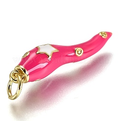 真鍮製エナメルペンダント  長持ちメッキ  18KGP本金メッキ  豊饒の角  イタリアの角cornicello  濃いピンク  26x6x6mm  穴：3.3mm&nbsp;X-KK-B026-15G-B