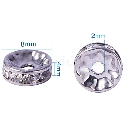 304ステンレススチールラインストーンビーズスペーサー  フラットラウンド  クリスタル  8x4mm  穴：2mm  約20個/袋  梱包サイズ：74x105mm&nbsp;STAS-PH0001-02P