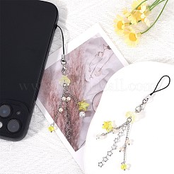 ガラス＆アクリル携帯ストラップ  真鍮のスターチェーン付き  ゴールデンロッド  11.5cm  2個/セット&nbsp;HJEW-SW00079-01
