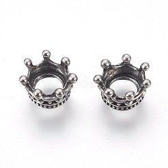 316サージカルステンレスビーズ  大穴ビーズ  クラウン  アンティークシルバー  10x5.5mm  穴：5mm&nbsp;STAS-E446-10AS