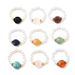 女性用ABSプラスチック模造真珠ストレッチリング9個  ラウンド  天然宝石と合金を使用  10~10.5mm  usサイズ8 1/2(18.5mm)&nbsp;RJEW-JR00910