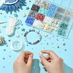DIYブレスレット作成キット  合成ターコイズビーズを含む  天然カウリーシェル  手作りポリマー粘土ビーズとナイロン糸  ミックスカラー  13.5~14x13.5~14x4.5mm  穴：1mm&nbsp;DIY-CJ0002-93