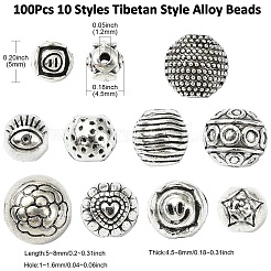 100個10スタイルチベットスタイルアロイビーズ  ラウンド  アンティークシルバー  5~8x4.5~8mm  穴：1~1.6mm  10ps/スタイル&nbsp;FIND-CJ0003-19