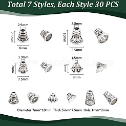 210個 7スタイル チベットスタイル 合金ビーズキャップ & コーン  アンティークシルバー  7~10x5~9.5mm  穴：1~2.9mm  30個/スタイル&nbsp;FIND-UN0015-64