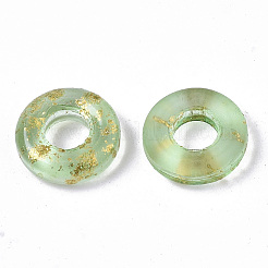 透明スプレー塗装ガラスヨーロピアンビーズ  大穴ビーズ  金色の箔付き  ドーナツ  淡緑色  11x3mm  穴：4mm&nbsp;X-GLAA-N035-04J