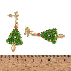 ガラスダングルピアス  女性用真鍮キュービックジルコニアスタッドピアス  クリスマスツリー  ゴールドカラー  グリーン  55x21mm&nbsp;EJEW-MZ00803