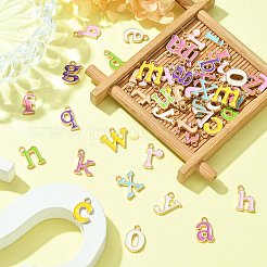 2セット合金エナメルペンダント  ライトゴールド  レターチャーム  ミックスカラー  a～zの文字  12.5~13.5x5~14.5x1.5mm  穴：1.4mm  26個/セット&nbsp;ENAM-CJ0005-55