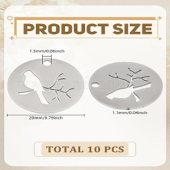 304ステンレススチールペンダント10個  鳥とフラットラウンド  ステンレス鋼色  20x1.1mm  穴：1.5mm&nbsp;STAS-LP0003-64