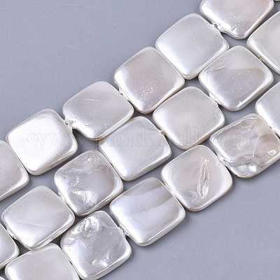シェルパールビーズ連売り  スプレー塗装  正方形  ホワイトスモーク  14~15x14~15x3~4mm  穴：0.8mm  約25個/連  14.96インチ&nbsp;SSHEL-T011-04A-1
