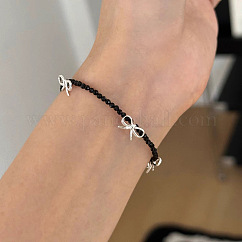 スターリングシルバーと天然黒曜石のビーズの蝶結びブレスレット（女性用）925個  ブラック