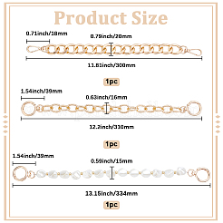 3個 3スタイル アルミツイストチェーンバッグストラップ  プラスチック製の模造真珠ビーズバッグストラップ付き  財布のハンドル交換に  ゴールドカラー  300~334mm  1個/スタイル&nbsp;DIY-BBC0002-35G