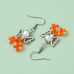 ガラスダングルピアス  合金ビーズと304ステンレススチールのピアスフック付き  天使  オレンジ  44~45x18mm&nbsp;EJEW-MZ00319-03