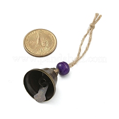 鉄の鐘の吊り飾り  家のドアの壁の装飾用の木製の丸いビーズとジュートコード  パープル  100mm&nbsp;HJEW-JM02417-05