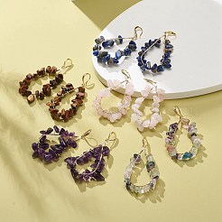 5 ペア 5 スタイルの天然混合宝石チップ ティアドロップ ダングル イヤリング  女性のための真鍮ワイヤーラップビッグドロップピアス  ライトゴールド  68~70mm  ピン：1mm  1ペア/スタイル&nbsp;EJEW-JE05074