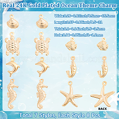 56個7スタイル真鍮ペンダント  海の動物チャーム  24KGP本金メッキ  9.5~21x6.5~15.5x2.5~3.5mm  穴：1~1.2mm  8個/スタイル&nbsp;KK-BBC0028-12