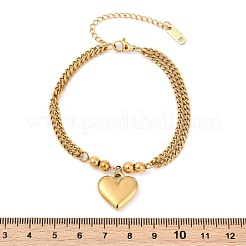 304ステンレススチールハートチャームブレスレット  女性用カーブチェーンジュエリー  ゴールドカラー  6-3/4インチ（17.3cm）&nbsp;BJEW-Z106-07G
