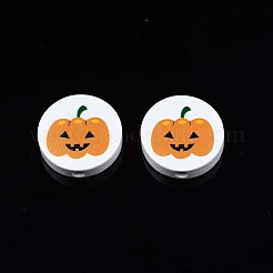 ハロウィンプリント天然木ビーズ  カボチャ柄のフラットラウンド  ダークオレンジ  19~20x5.9mm  穴：2~2.2mm&nbsp;WOOD-T021-92