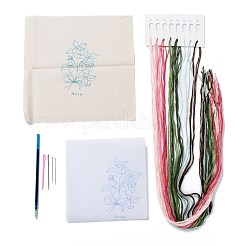 DIY刺繡作りキット  麻布入り  木綿糸  水消去可能なペンの詰め替え  鉄とプラスチックの針  ローズ模様  25x25x0.01cm&nbsp;DIY-F088-03