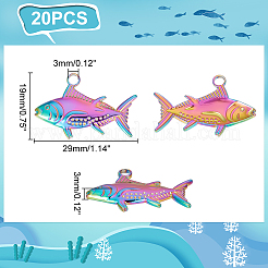 イオンプレーティング(IP) 304ステンレススチールペンダント20個  魚のチャーム  虹色  19x29x3mm  穴：3mm&nbsp;STAS-UN0049-90