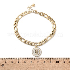 304ステンレススチールフラットラウンドハムサハンドチャームブレスレット  女性用カーブチェーンブレスレット  シェルと  イオンプレーティング（ip）  ゴールドカラー  6-7/8インチ（17.6cm）&nbsp;BJEW-A036-13G-02