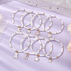 10個 10スタイル ガラスシードビーズ ストレッチブレスレットセット  合金エナメルチャームスタッカブルブレスレット  ホワイト  内径：2-1/8インチ（5.5cm）  1個/スタイル&nbsp;BJEW-MZ00095