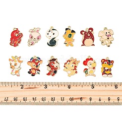 12個12スタイルアロイエナメルペンダント  ゴールドカラー  中国の十二支のチャーム  ミックスカラー  21.5~23x13.5~19x1.2~1.5mm  穴：1.4~1.6mm  1個/スタイル&nbsp;ENAM-FP0001-88