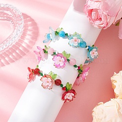 女性用花柄アクリルビーズ編みビーズブレスレット3個  ABSプラスチックと樹脂製の模造真珠ビーズキャップと染色された天然の馬山翡翠の丸いビーズ付き  ミックスカラー  内径：1-3/4~3インチ（4.5~7.5cm）&nbsp;BJEW-MZ00184