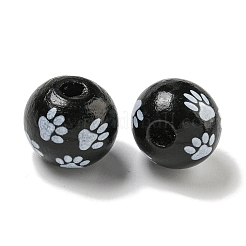 プリントウッドヨーロピアンビーズ  足跡模様で丸い  ブラック  15.5~16mm  穴：4~4.5mm&nbsp;WOOD-G022-09G
