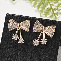 女性用真鍮マイクロパヴェクリアキュービックジルコニアスタッドピアス  カドミウムフリー＆鉛フリー  長持ちメッキ  ラックめっき  ゴールドカラー  蝶結び  15.5x13.5mm&nbsp;EJEW-G428-26G-03