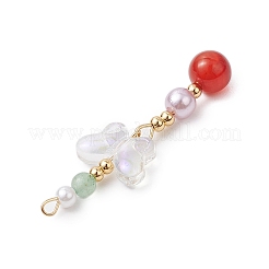 天然カーネリアンとガラスのペンダント  蝶  金色の真鍮トーンループ付き  透明  47x14.5x8mm  穴：1.6mm&nbsp;PALLOY-JF03192-04