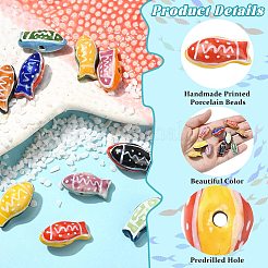 10個 10色ハンドメイドプリント磁器ビーズ  手描きの陶器ビーズ  ファミーユは磁器バラ  魚  ミックスカラー  11x21.5~22x9mm  穴：1.5~1.8mm  1pc /カラー&nbsp;PORC-CJ0001-22