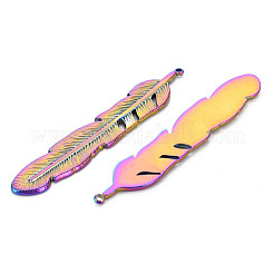 201ステンレススチールビッグペンダント  葉  虹色  58x10x1.5mm  穴：1.4mm&nbsp;STAS-S119-042