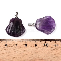天然石アメジストペンダント  プラチナメッキの金属製スナップオンベイルが付いた貝殻型のチャーム  24.5x20.5~21x5.5~6mm  穴：2x5.5mm&nbsp;G-T138-208H
