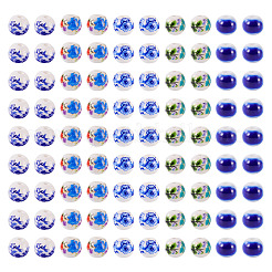 100個 5スタイル ハンドメイドフラワープリント磁器セラミックビーズ  ラウンド  ブルー  6mm  穴：1.8~2mm  20個/スタイル&nbsp;PORC-TA0001-42D