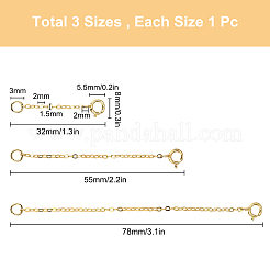 3個3スタイル925スターリングシルバーチェーンエクステンダー  留め金とカーブチェーン付き  ゴールドカラー  32~78mm  リンク：2x1.5x0.1mm  留め金：8x5.5x1mm  リング：3x0.6mm  穴：2mm  1個/スタイル&nbsp;FIND-SC0001-61G