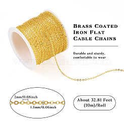真鍮被覆鉄フラットアズキチェーン  ハンダ付け  スプールで  フラットオーバル  ゴールドカラー  2x1.5x0.3mm  約32.81フィート（10m）/ロール&nbsp;CH-TAC0007-01G