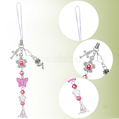 アクリル＆ガラス＆合金携帯ストラップ8個  蝶  花  ミックスカラー  150mm  8個/セット&nbsp;HJEW-SC00146