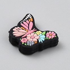 花と蝶、食品グレードの環境に優しいシリコンビーズ  ピンク  25.5x30x7.5mm  穴：3mm&nbsp;SIL-CJC0012-07B