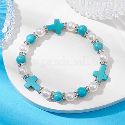 合成ターコイズクロス＆ABSプラスチックパールビーズストレッチブレスレット  内径：2-1/2インチ（6.3cm）&nbsp;BJEW-JB09766