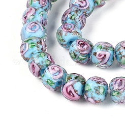 手作りのランプワークの内側の花のロンデルビーズ連売り  金粉付き  ライトスカイブルー  8~10x10~11mm  穴：0.9~1.4mm  約35個/連  10.83~11.42''（27.5~29センチメートル）&nbsp;LAMP-T022-24E